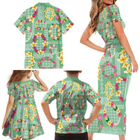 Hawaiian Leis Family Matching Short Sleeve Bodycon Dress and Hawaiian Shirt Kakau Tattoos and Palaka Pastel Green Color