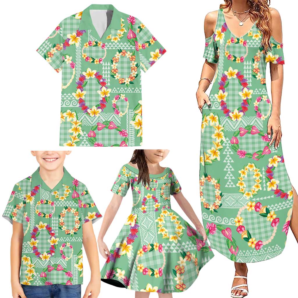 Hawaiian Leis Family Matching Summer Maxi Dress and Hawaiian Shirt Kakau Tattoos and Palaka Pastel Green Color