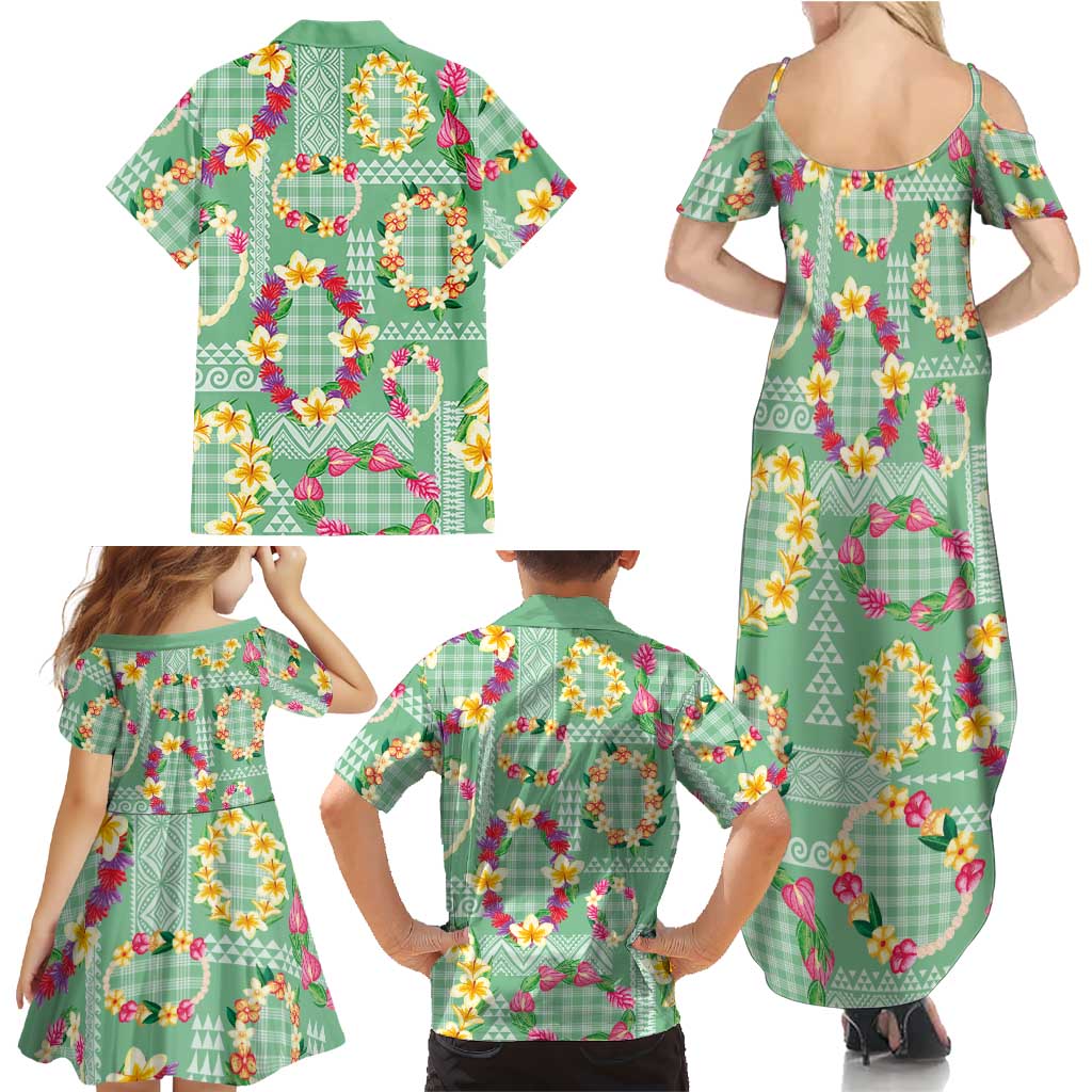 Hawaiian Leis Family Matching Summer Maxi Dress and Hawaiian Shirt Kakau Tattoos and Palaka Pastel Green Color