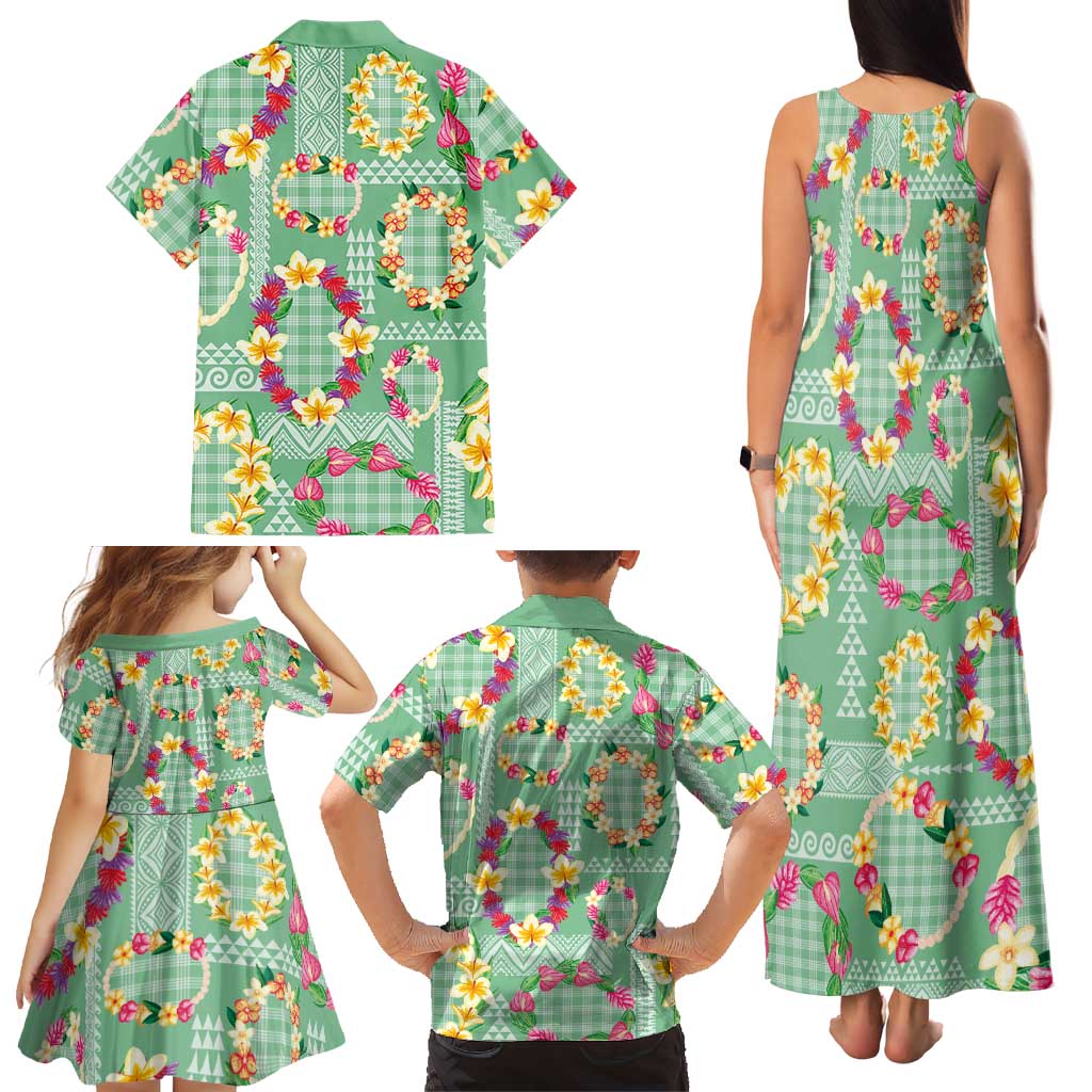 Hawaiian Leis Family Matching Tank Maxi Dress and Hawaiian Shirt Kakau Tattoos and Palaka Pastel Green Color