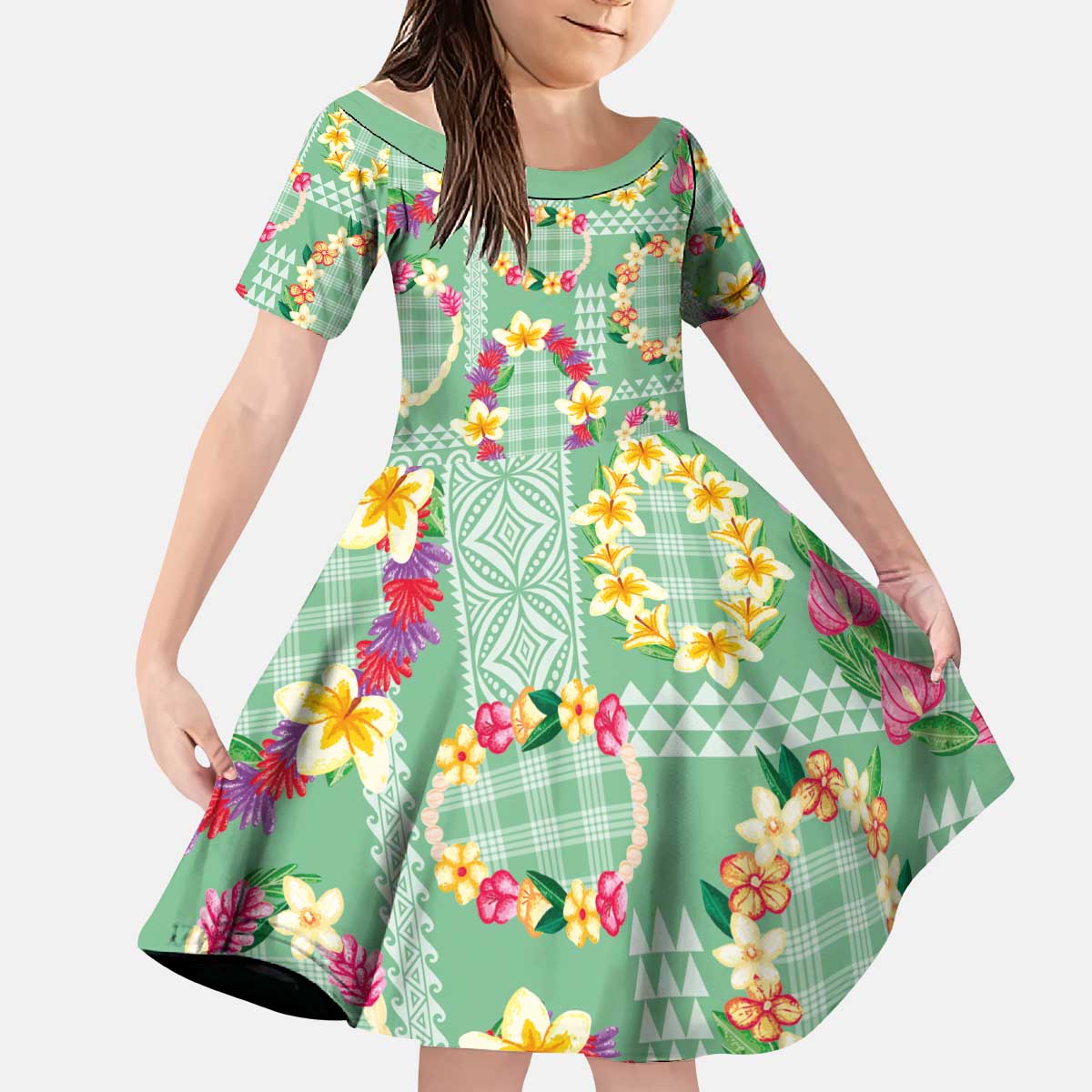 Hawaiian Leis Kid Short Sleeve Dress Kakau Tattoos and Palaka Pastel Green Color LT03 KID Green - Polynesian Pride