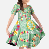 Hawaiian Leis Kid Short Sleeve Dress Kakau Tattoos and Palaka Pastel Green Color LT03 KID Green - Polynesian Pride