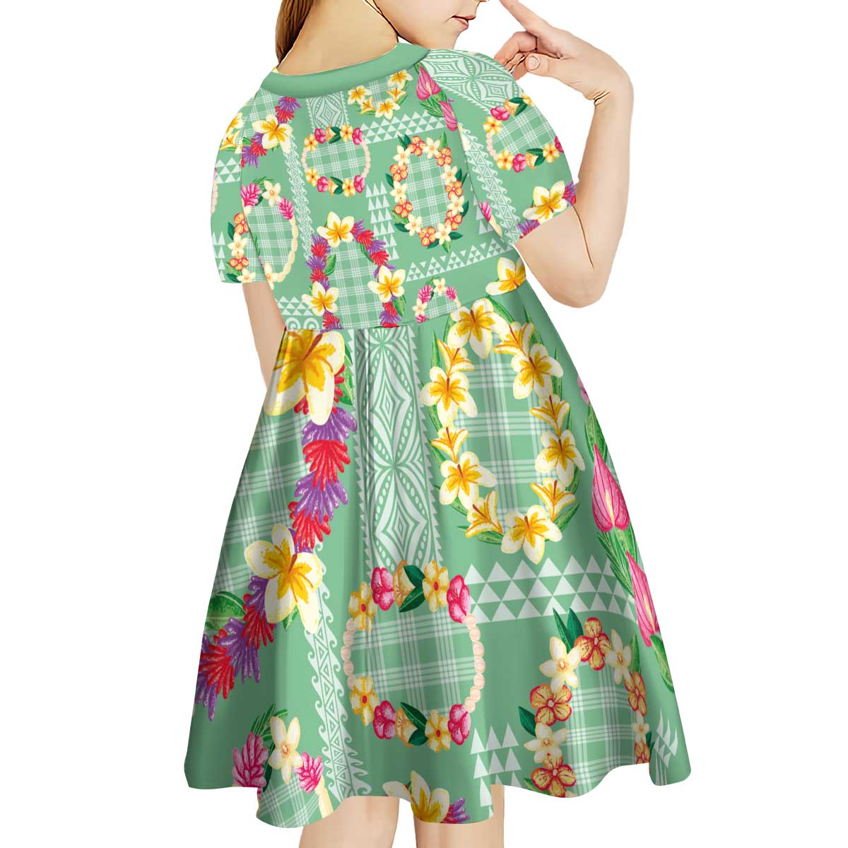 Hawaiian Leis Kid Short Sleeve Dress Kakau Tattoos and Palaka Pastel Green Color LT03 - Polynesian Pride