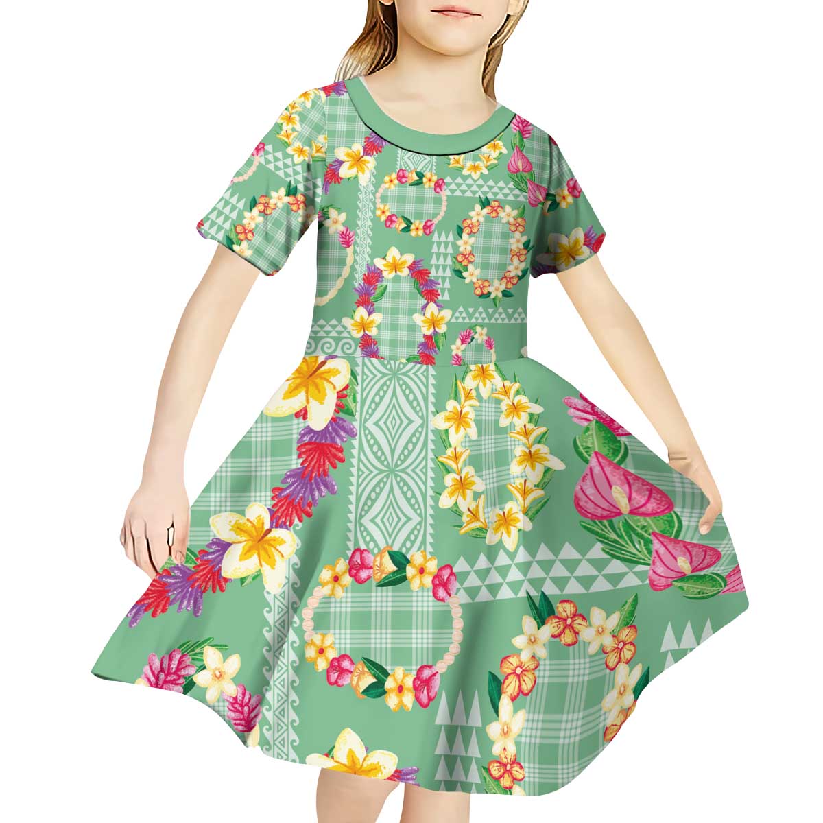 Hawaiian Leis Kid Short Sleeve Dress Kakau Tattoos and Palaka Pastel Green Color LT03 - Polynesian Pride