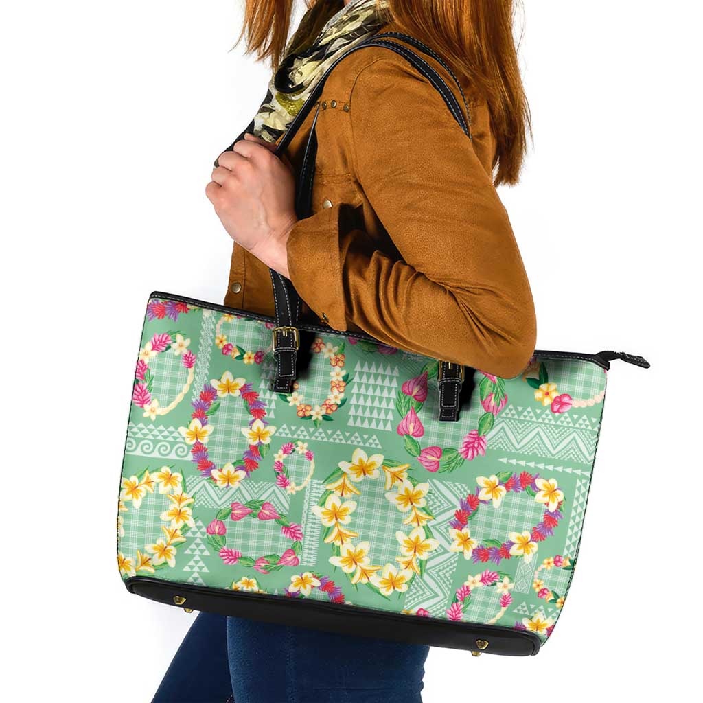 Hawaiian Leis Leather Tote Bag Kakau Tattoos and Palaka Pastel Green Color