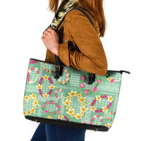 Hawaiian Leis Leather Tote Bag Kakau Tattoos and Palaka Pastel Green Color