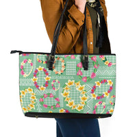Hawaiian Leis Leather Tote Bag Kakau Tattoos and Palaka Pastel Green Color