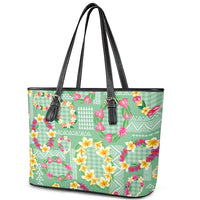 Hawaiian Leis Leather Tote Bag Kakau Tattoos and Palaka Pastel Green Color
