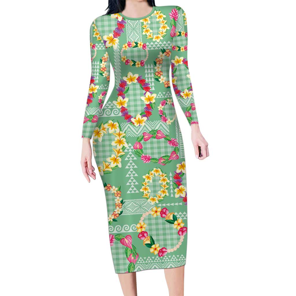 Hawaiian Leis Long Sleeve Bodycon Dress Kakau Tattoos and Palaka Pastel Green Color LT03 Long Dress Green - Polynesian Pride