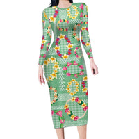 Hawaiian Leis Long Sleeve Bodycon Dress Kakau Tattoos and Palaka Pastel Green Color LT03 Long Dress Green - Polynesian Pride