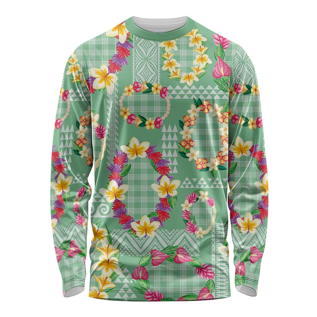 Hawaiian Leis Long Sleeve Shirt Kakau Tattoos and Palaka Pastel Green Color