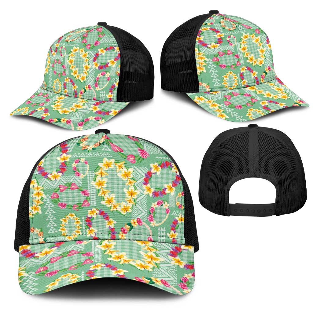 Hawaiian Leis Mesh Trucker Cap Kakau Tattoos and Palaka Pastel Green Color