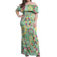 Hawaiian Leis Off Shoulder Maxi Dress Kakau Tattoos and Palaka Pastel Green Color