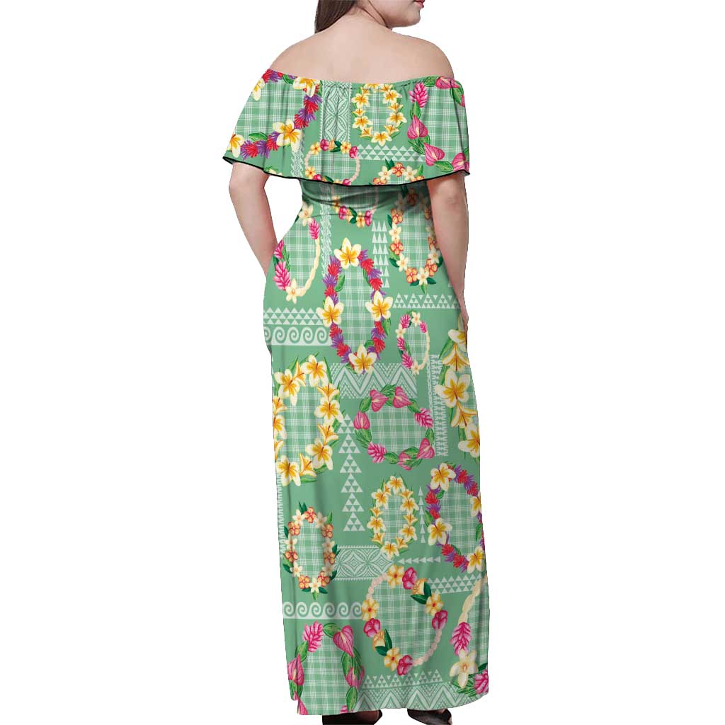 Hawaiian Leis Off Shoulder Maxi Dress Kakau Tattoos and Palaka Pastel Green Color