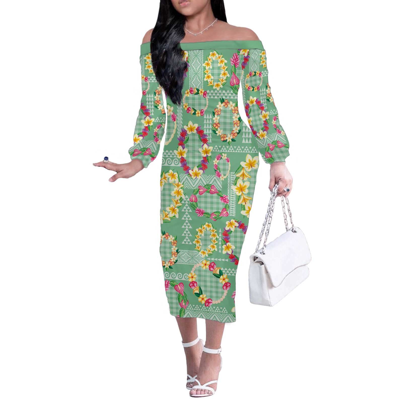 Hawaiian Leis Off The Shoulder Long Sleeve Dress Kakau Tattoos and Palaka Pastel Green Color