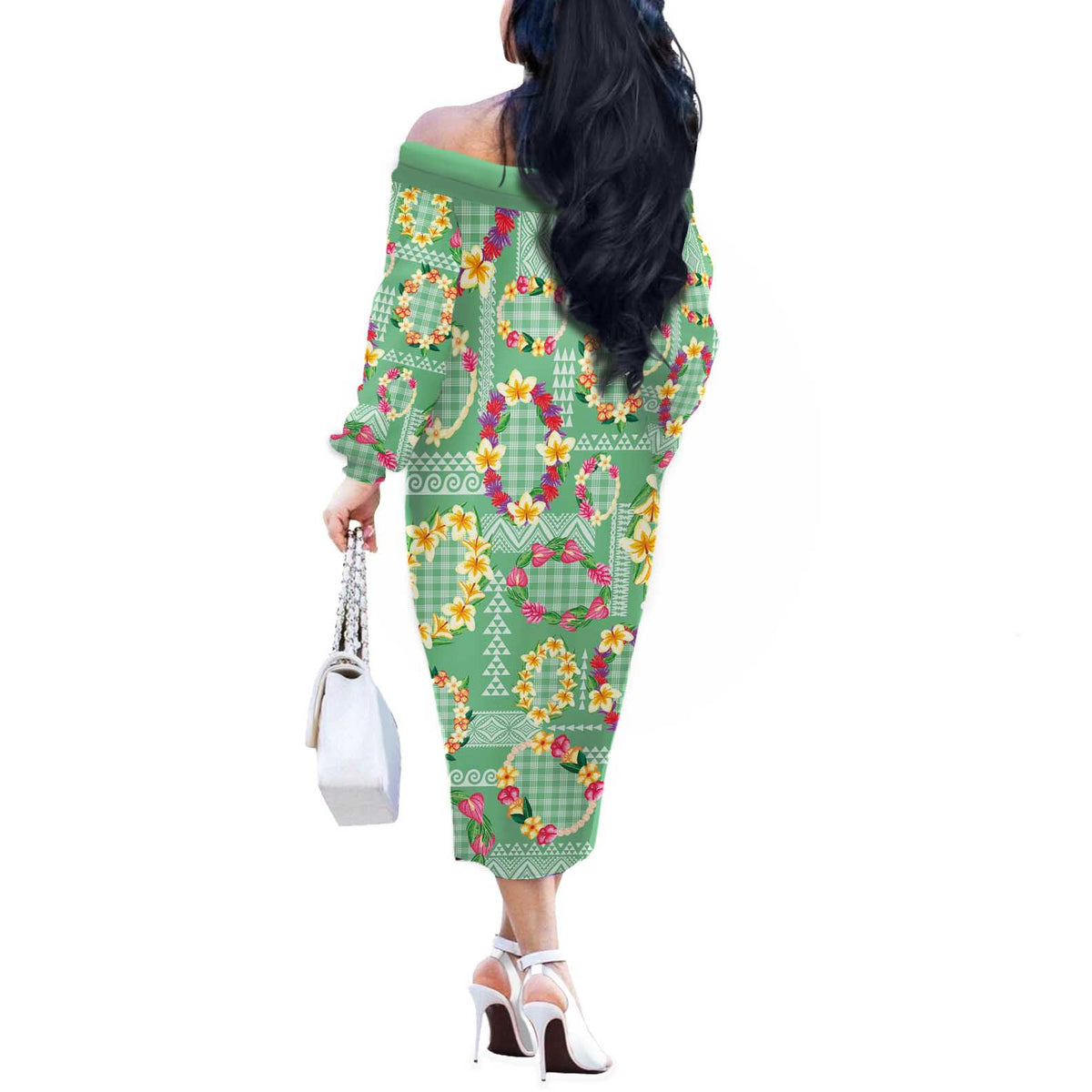 Hawaiian Leis Off The Shoulder Long Sleeve Dress Kakau Tattoos and Palaka Pastel Green Color