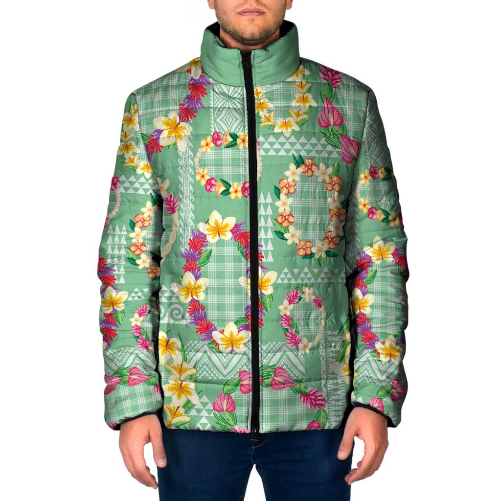 Hawaiian Leis Padded Jacket Kakau Tattoos and Palaka Pastel Green Color