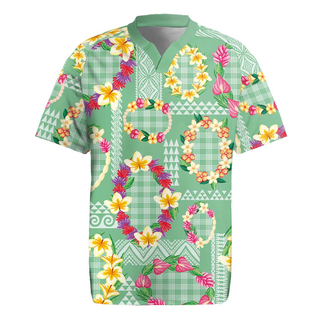 Hawaiian Leis Rugby Jersey Kakau Tattoos and Palaka Pastel Green Color