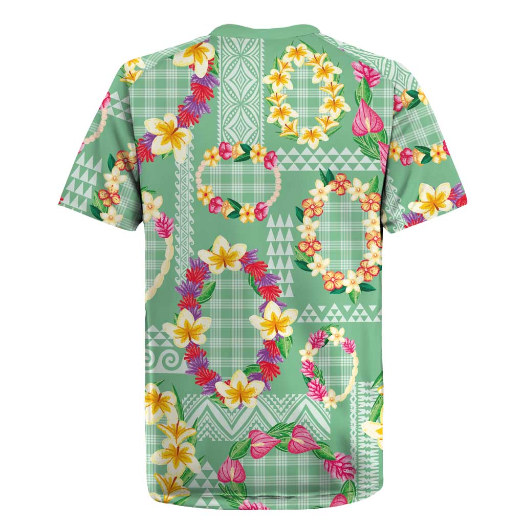 Hawaiian Leis Rugby Jersey Kakau Tattoos and Palaka Pastel Green Color