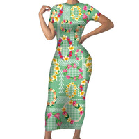 Hawaiian Leis Short Sleeve Bodycon Dress Kakau Tattoos and Palaka Pastel Green Color LT03 Long Dress Green - Polynesian Pride