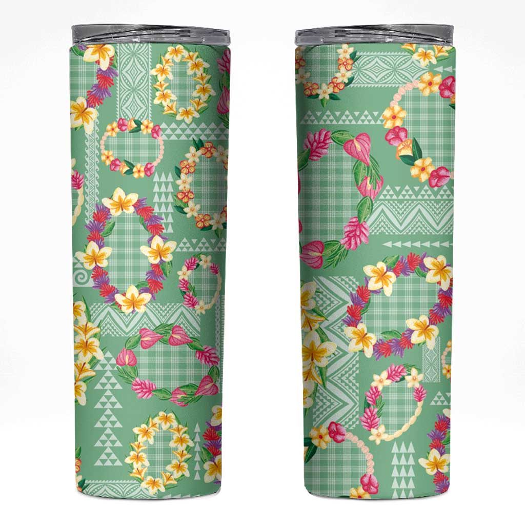 Hawaiian Leis Skinny Tumbler Kakau Tattoos and Palaka Pastel Green Color
