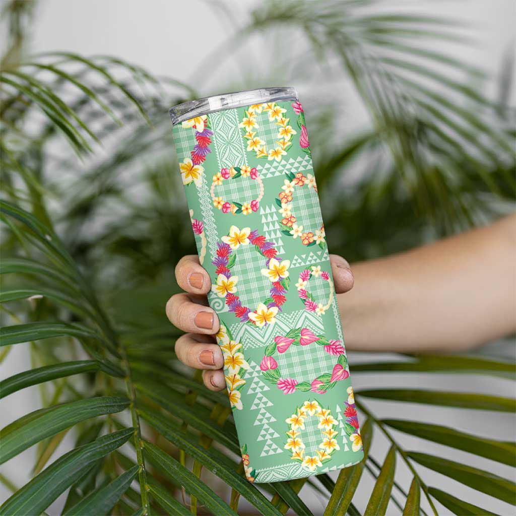 Hawaiian Leis Skinny Tumbler Kakau Tattoos and Palaka Pastel Green Color