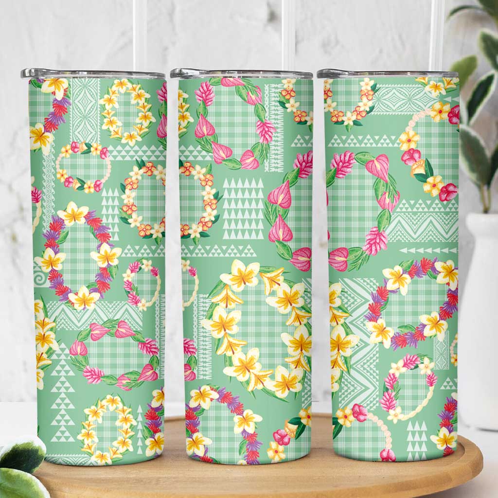 Hawaiian Leis Skinny Tumbler Kakau Tattoos and Palaka Pastel Green Color