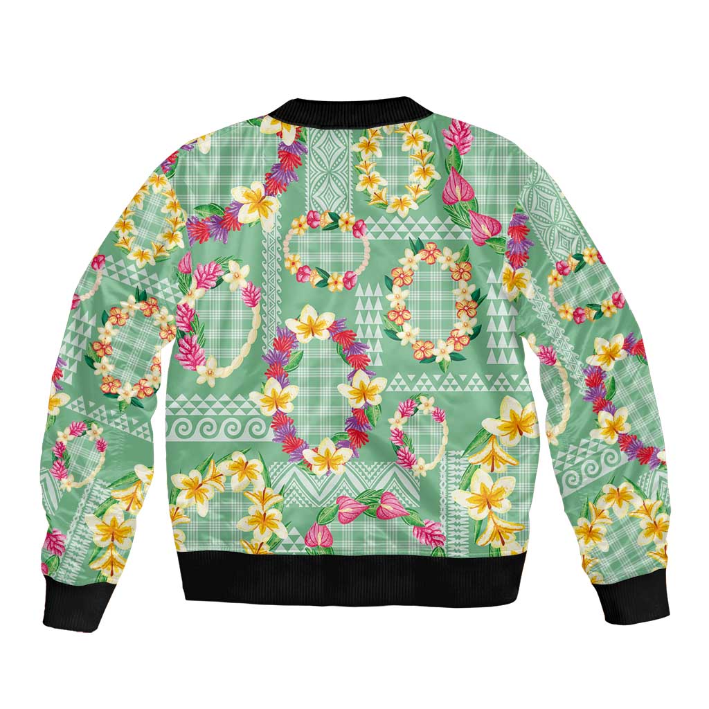 Hawaiian Leis Sleeve Zip Bomber Jacket Kakau Tattoos and Palaka Pastel Green Color