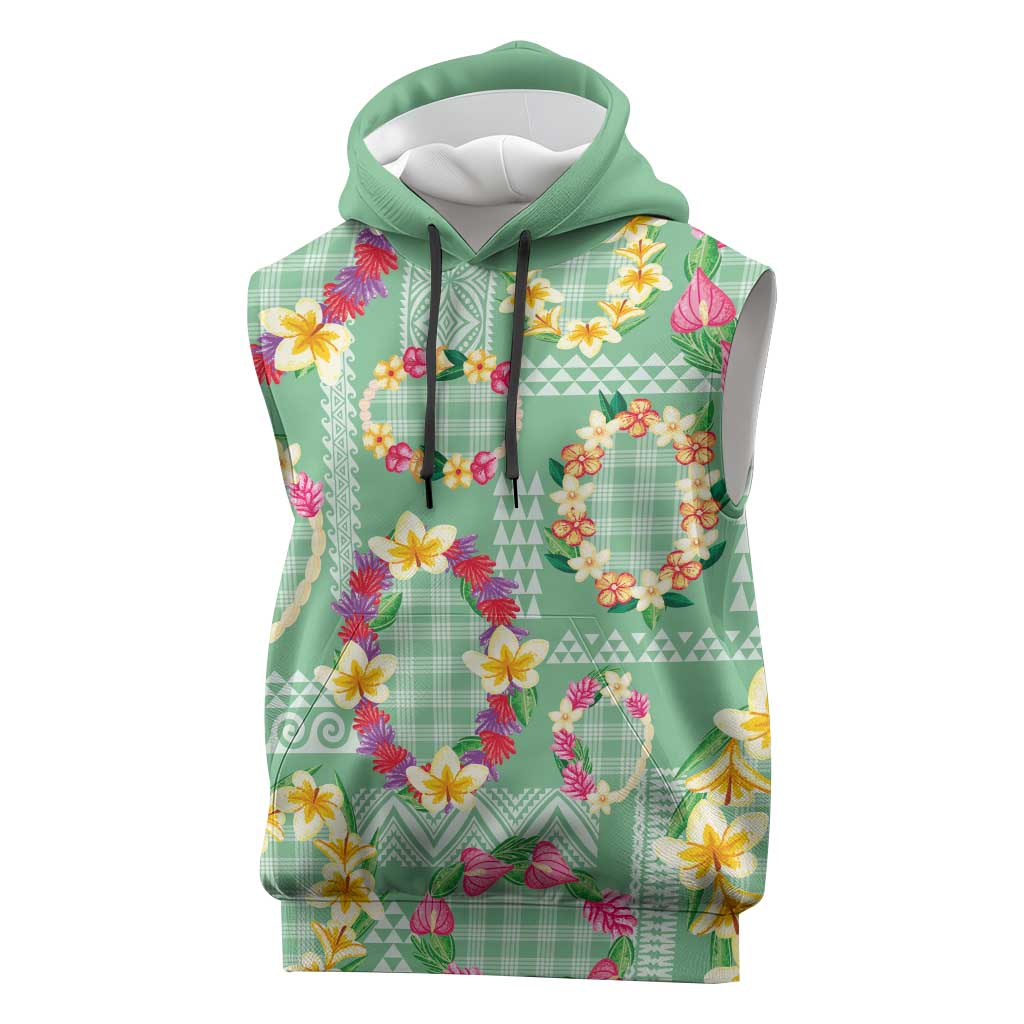 Hawaiian Leis Sleeveless Hoodie Kakau Tattoos and Palaka Pastel Green Color
