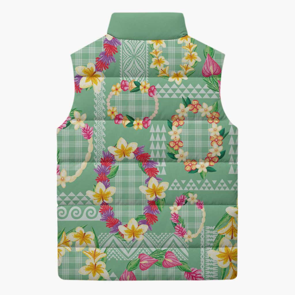 Hawaiian Leis Sleeveless Puffer Jacket Kakau Tattoos and Palaka Pastel Green Color
