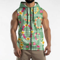 Hawaiian Leis Sleeveless Zip Hoodie Kakau Tattoos and Palaka Pastel Green Color