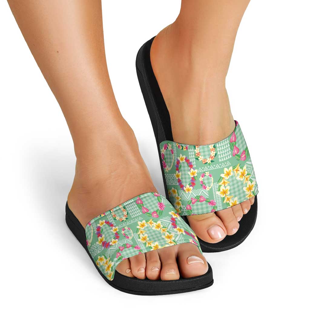 Hawaiian Leis Slide Sandals Kakau Tattoos and Palaka Pastel Green Color