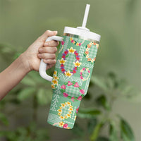 Hawaiian Leis Tumbler With Handle Kakau Tattoos and Palaka Pastel Green Color