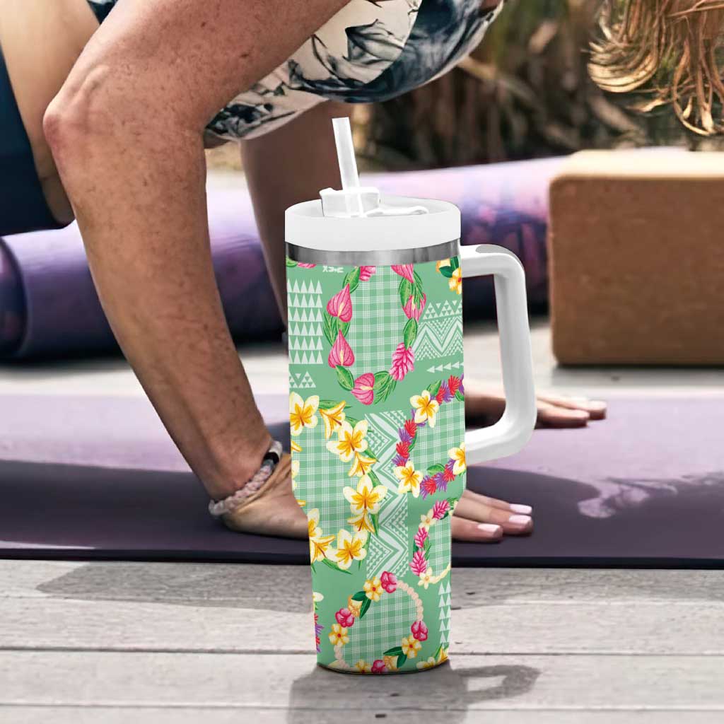 Hawaiian Leis Tumbler With Handle Kakau Tattoos and Palaka Pastel Green Color