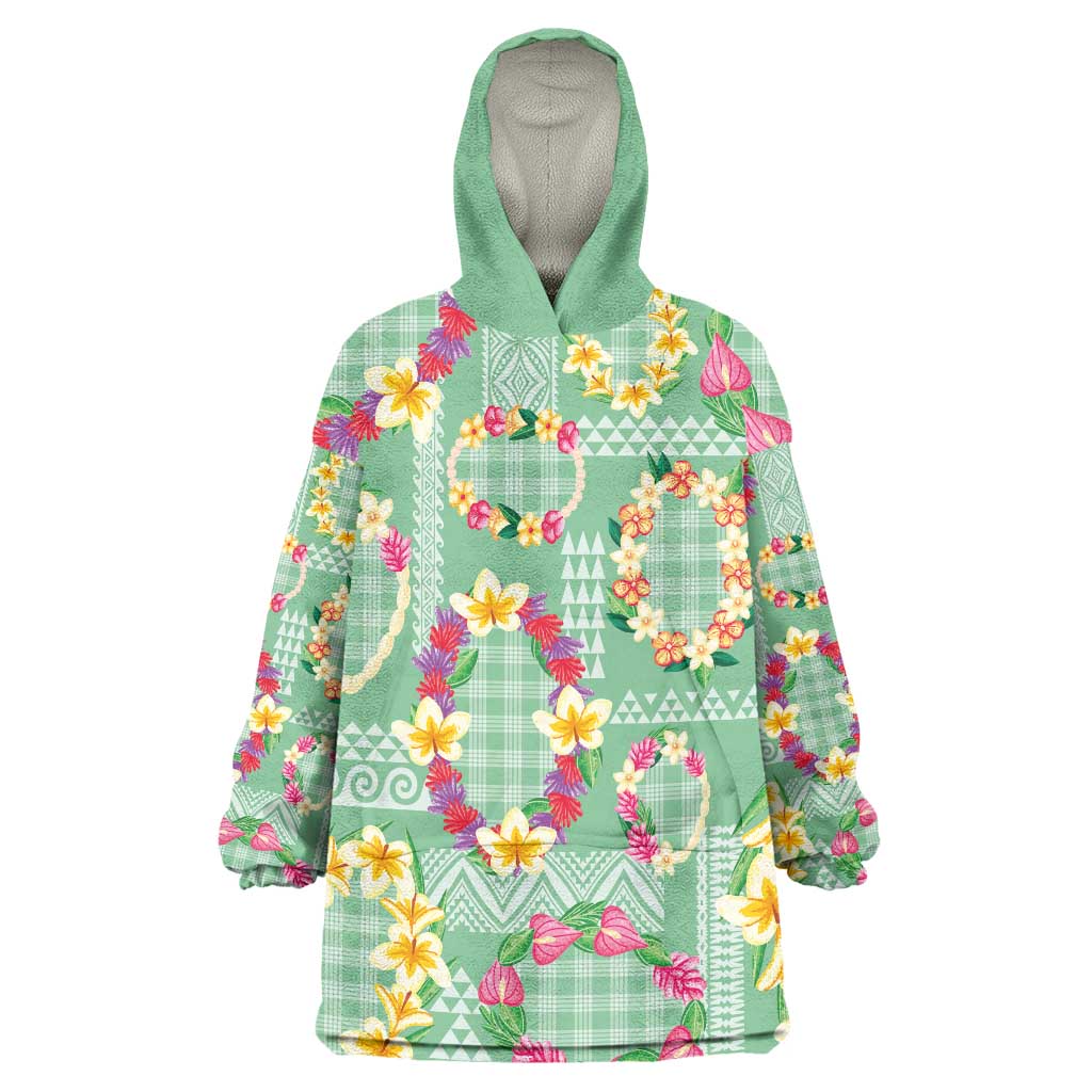 Hawaiian Leis Wearable Blanket Hoodie Kakau Tattoos and Palaka Pastel Green Color LT03 One Size Green - Polynesian Pride