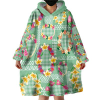 Hawaiian Leis Wearable Blanket Hoodie Kakau Tattoos and Palaka Pastel Green Color LT03 - Polynesian Pride