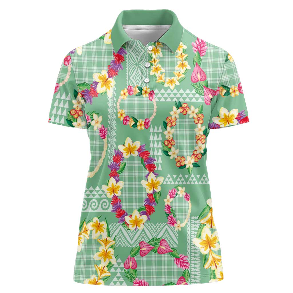 Hawaiian Leis Women Polo Shirt Kakau Tattoos and Palaka Pastel Green Color