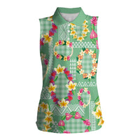 Hawaiian Leis Women Sleeveless Polo Shirt Kakau Tattoos and Palaka Pastel Green Color