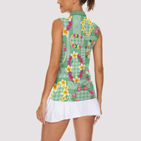 Hawaiian Leis Women Sleeveless Polo Shirt Kakau Tattoos and Palaka Pastel Green Color