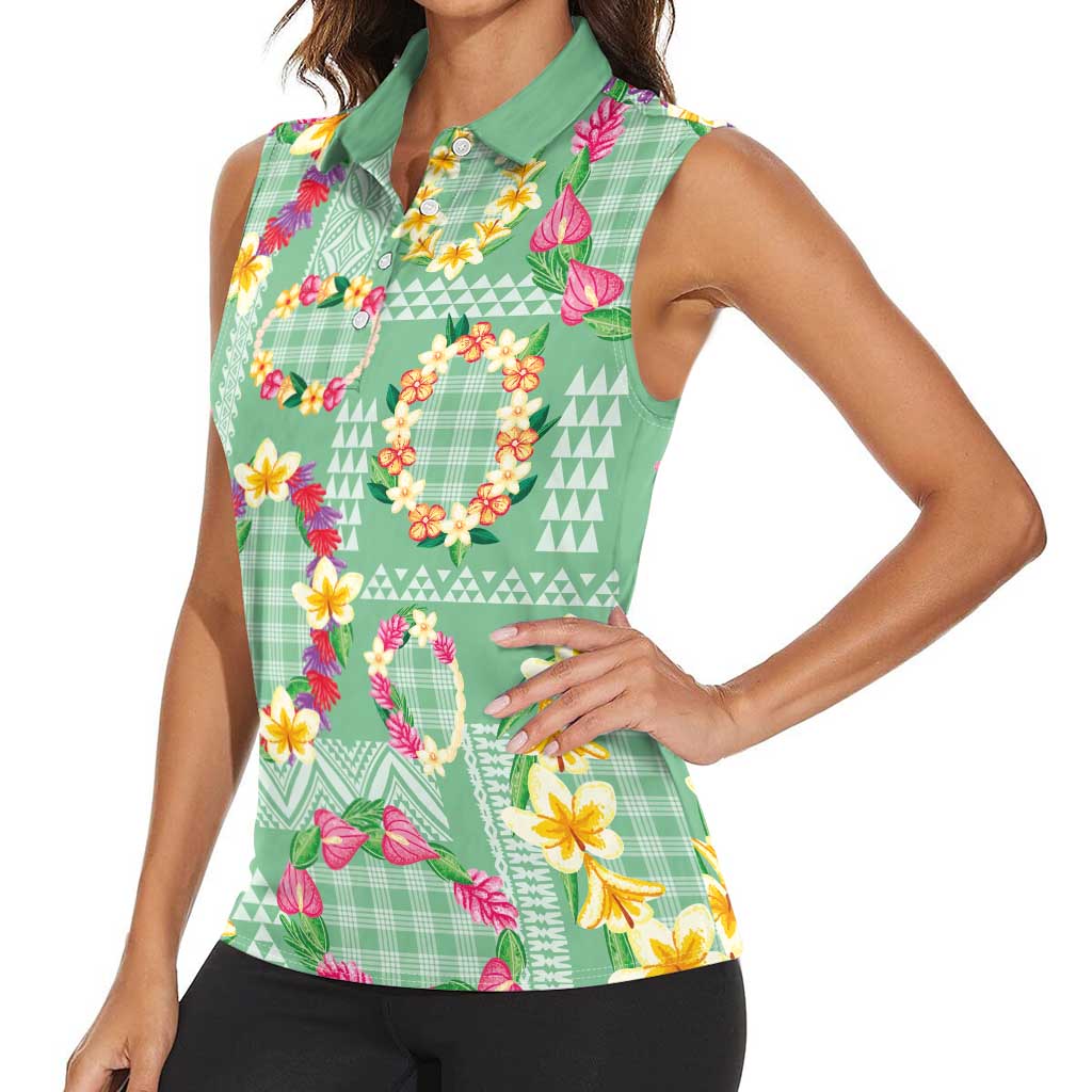 Hawaiian Leis Women Sleeveless Polo Shirt Kakau Tattoos and Palaka Pastel Green Color