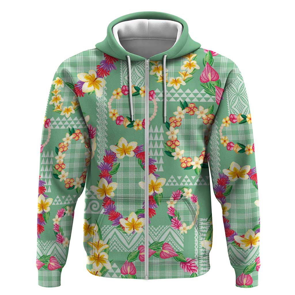 Hawaiian Leis Zip Hoodie Kakau Tattoos and Palaka Pastel Green Color