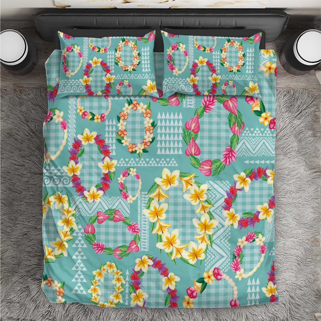 Hawaiian Leis Bedding Set Kakau Tattoos and Palaka Pastel Teal Color
