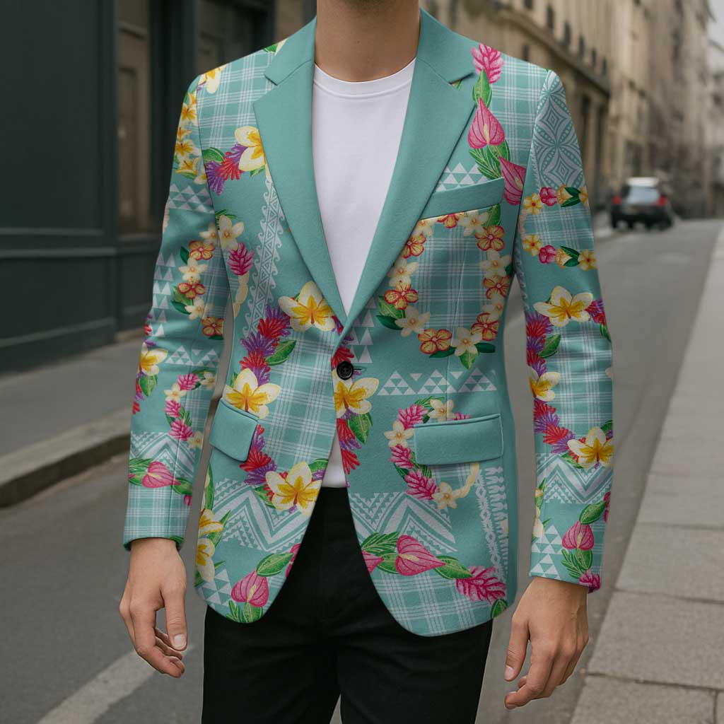 Hawaiian Leis Blazer Kakau Tattoos and Palaka Pastel Teal Color