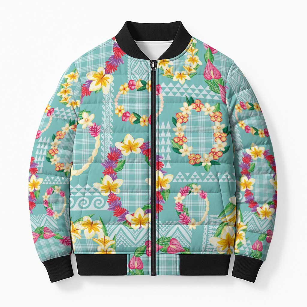Hawaiian Leis Bomber Puffer Jacket Kakau Tattoos and Palaka Pastel Teal Color