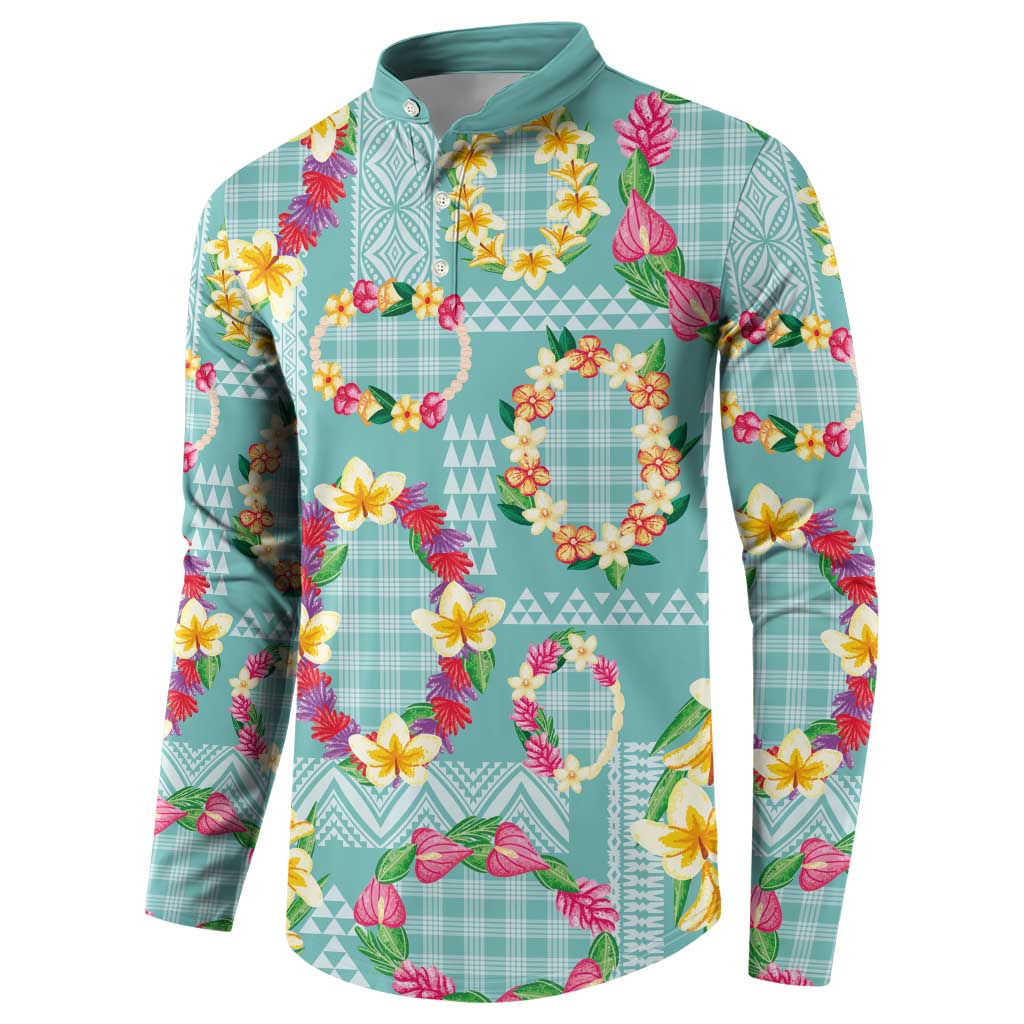 Hawaiian Leis Button Sweatshirt Kakau Tattoos and Palaka Pastel Teal Color LT03 - Polynesian Pride