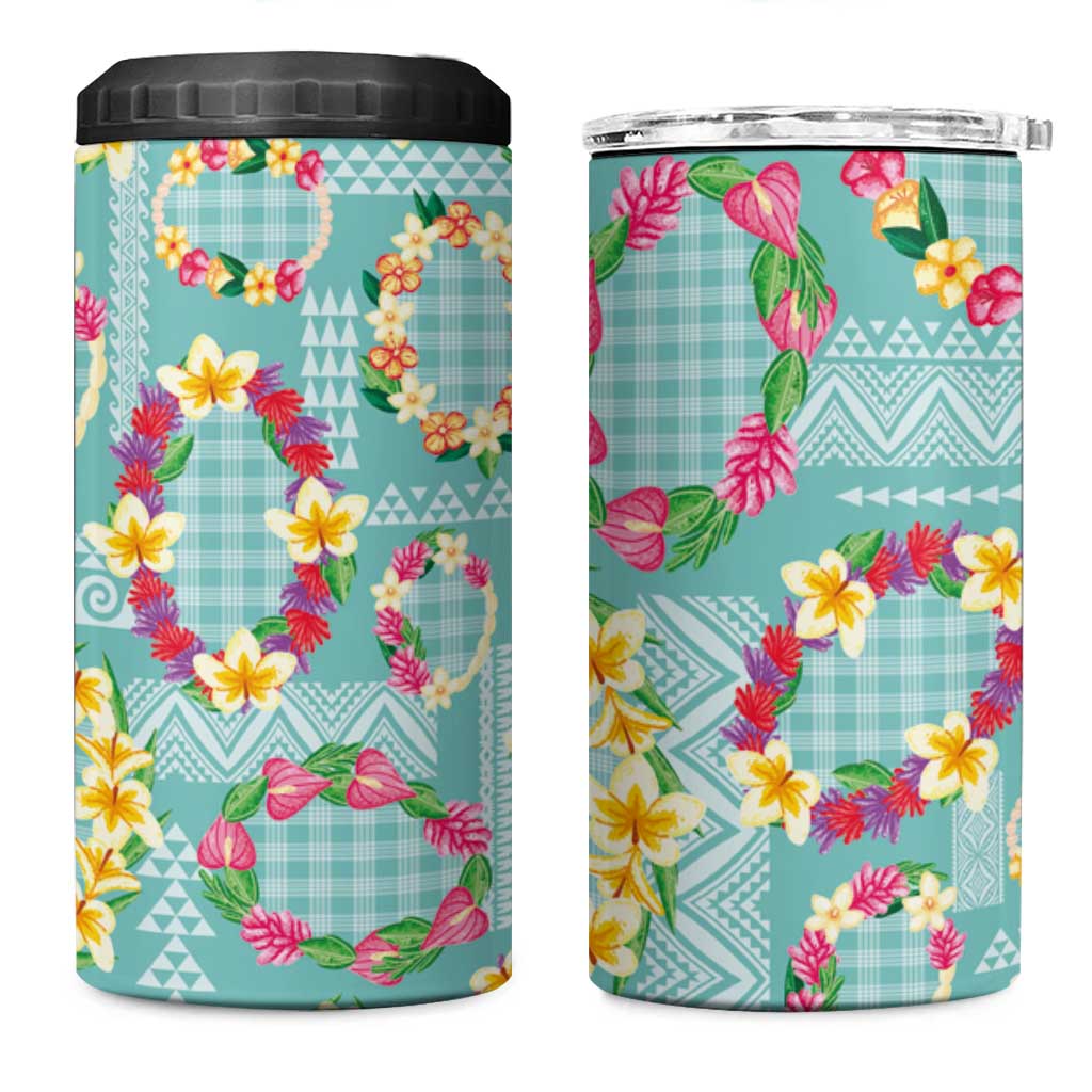 Hawaiian Leis 4 in 1 Can Cooler Tumbler Kakau Tattoos and Palaka Pastel Teal Color