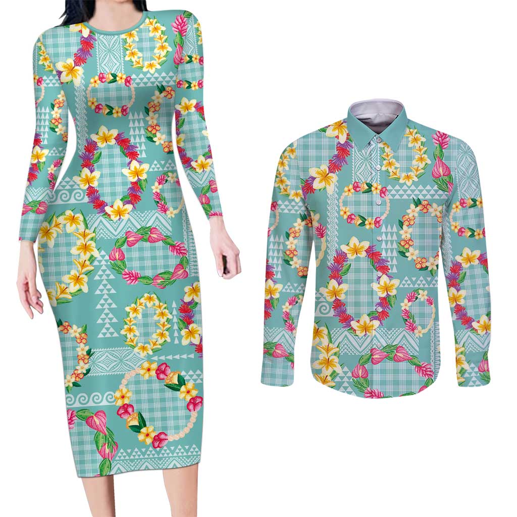 Hawaiian Leis Couples Matching Long Sleeve Bodycon Dress and Long Sleeve Button Shirt Kakau Tattoos and Palaka Pastel Teal Color