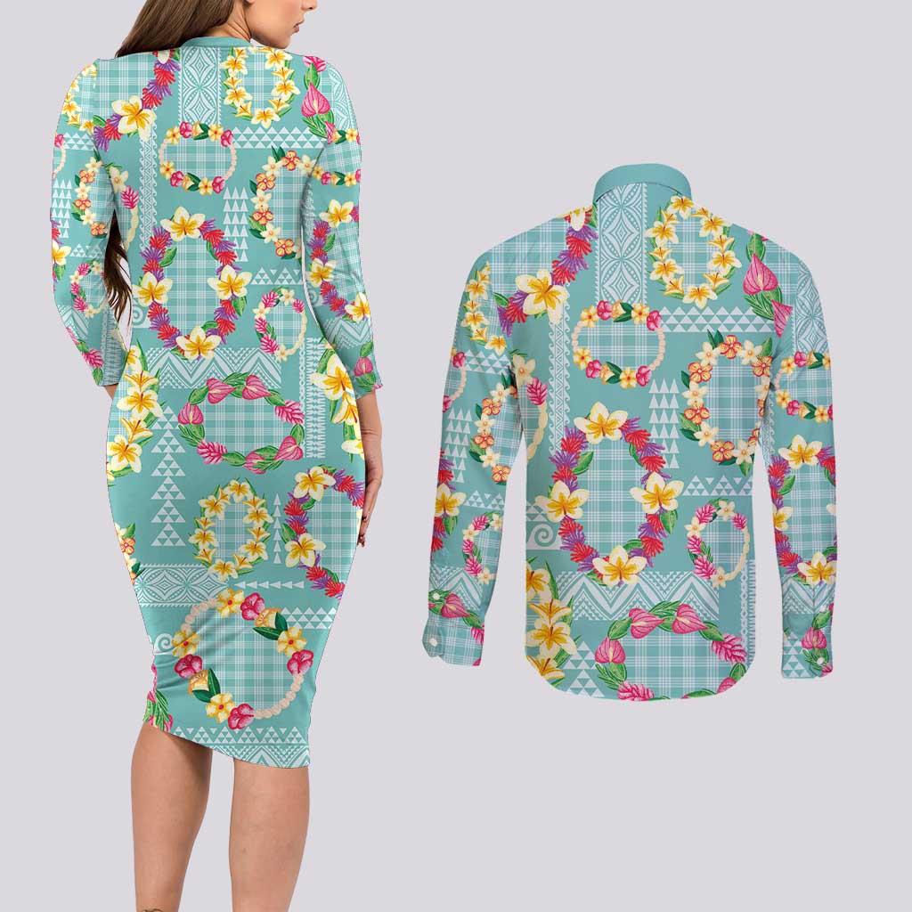Hawaiian Leis Couples Matching Long Sleeve Bodycon Dress and Long Sleeve Button Shirt Kakau Tattoos and Palaka Pastel Teal Color