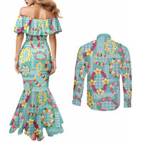 Hawaiian Leis Couples Matching Mermaid Dress and Long Sleeve Button Shirt Kakau Tattoos and Palaka Pastel Teal Color