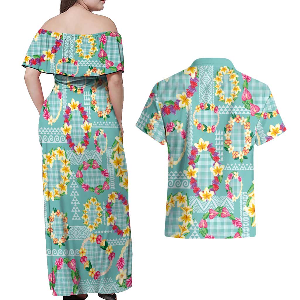 Hawaiian Leis Couples Matching Off Shoulder Maxi Dress and Hawaiian Shirt Kakau Tattoos and Palaka Pastel Teal Color